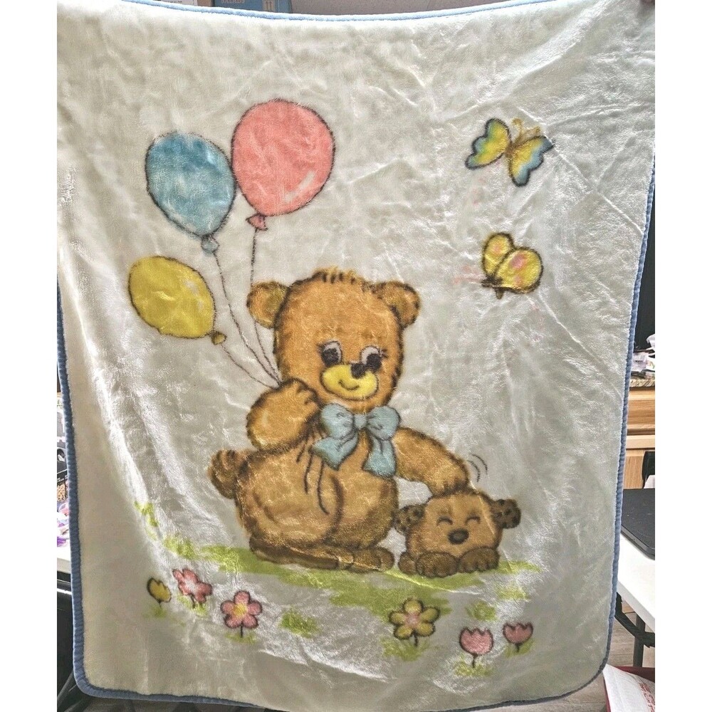 Vintage Plush Baby Blanket Teddy Bear Balloons Puppy Dog Butterfly Super Soft